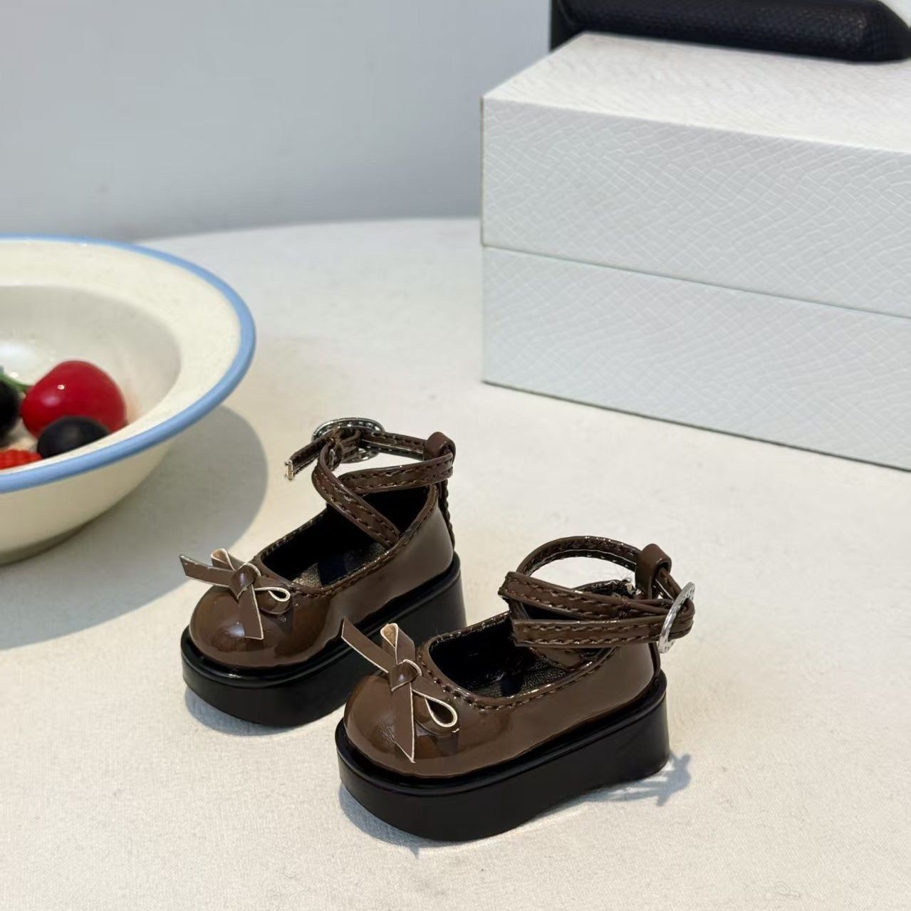 Vintage Collectible Shoes - Coffee Brown Bow Platform Doll Shoes,